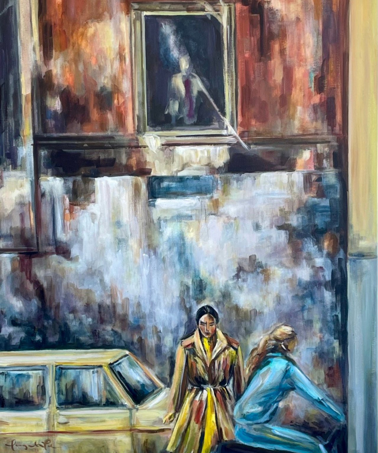  Ingela Johansson painting “The Almost Forgotten Art of Daydreaming” in her studio, capturing the essence of quiet movement and the Italian concept of la passeggiata.