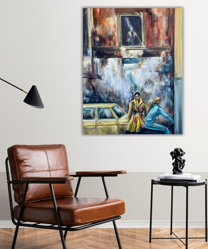 “The Almost Forgotten Art of Daydreaming” displayed in a minimalist, modern interior—adding warmth and a reflective mood to the space.