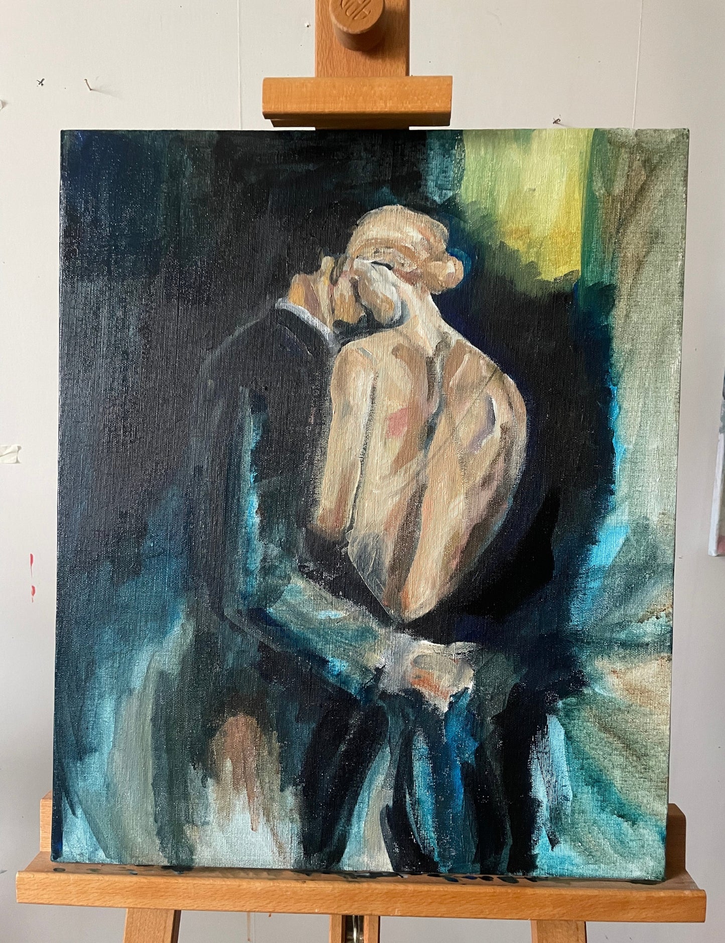 Before’ – semi-abstract painting of a woman in a backless dress with a man in shadow placing his hand on her lower back, by Ingela Johansson.