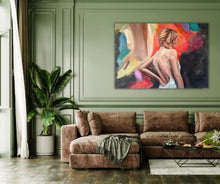 "Turn Around" – A dynamic and expressive canvas print showcasing a woman’s back as she turns, painted with movement, emotion, and vibrant colors.