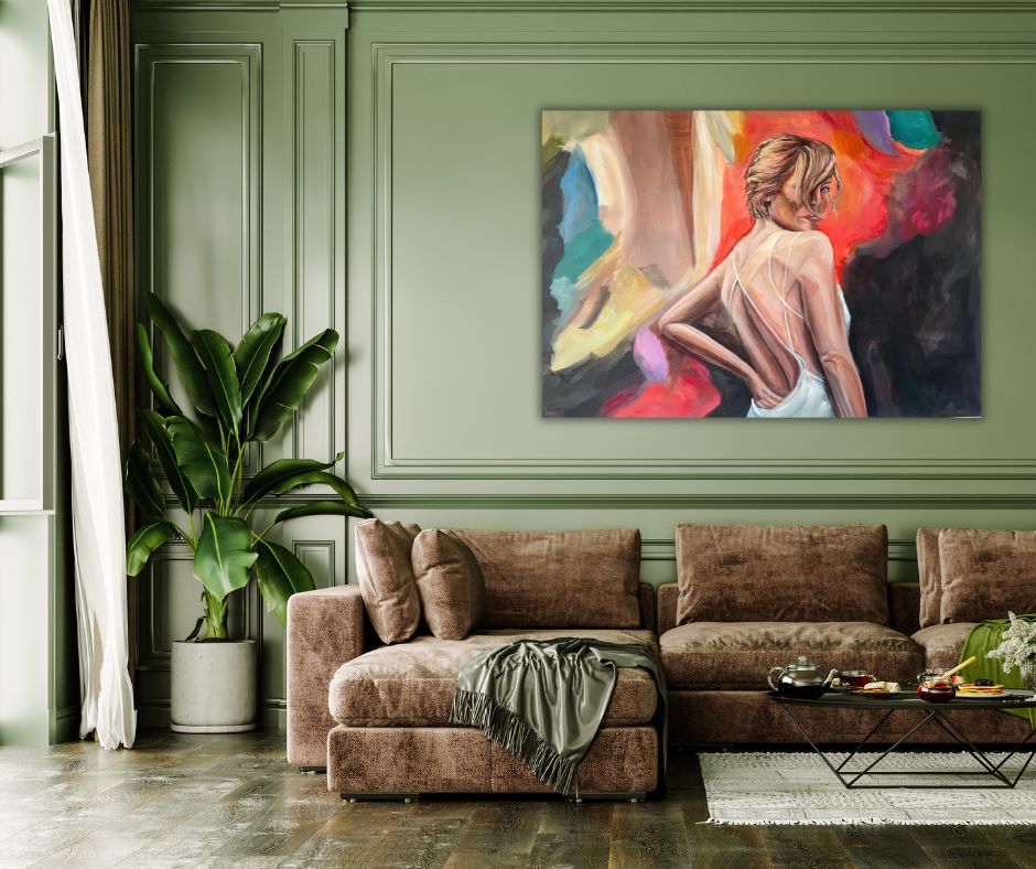 "Turn Around" – A dynamic and expressive canvas print showcasing a woman’s back as she turns, painted with movement, emotion, and vibrant colors.
