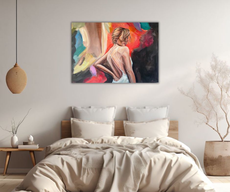 "Turn Around" – A striking canvas print by Ingela Johansson, capturing a woman’s first glance back in a bold, colorful, and expressive style.