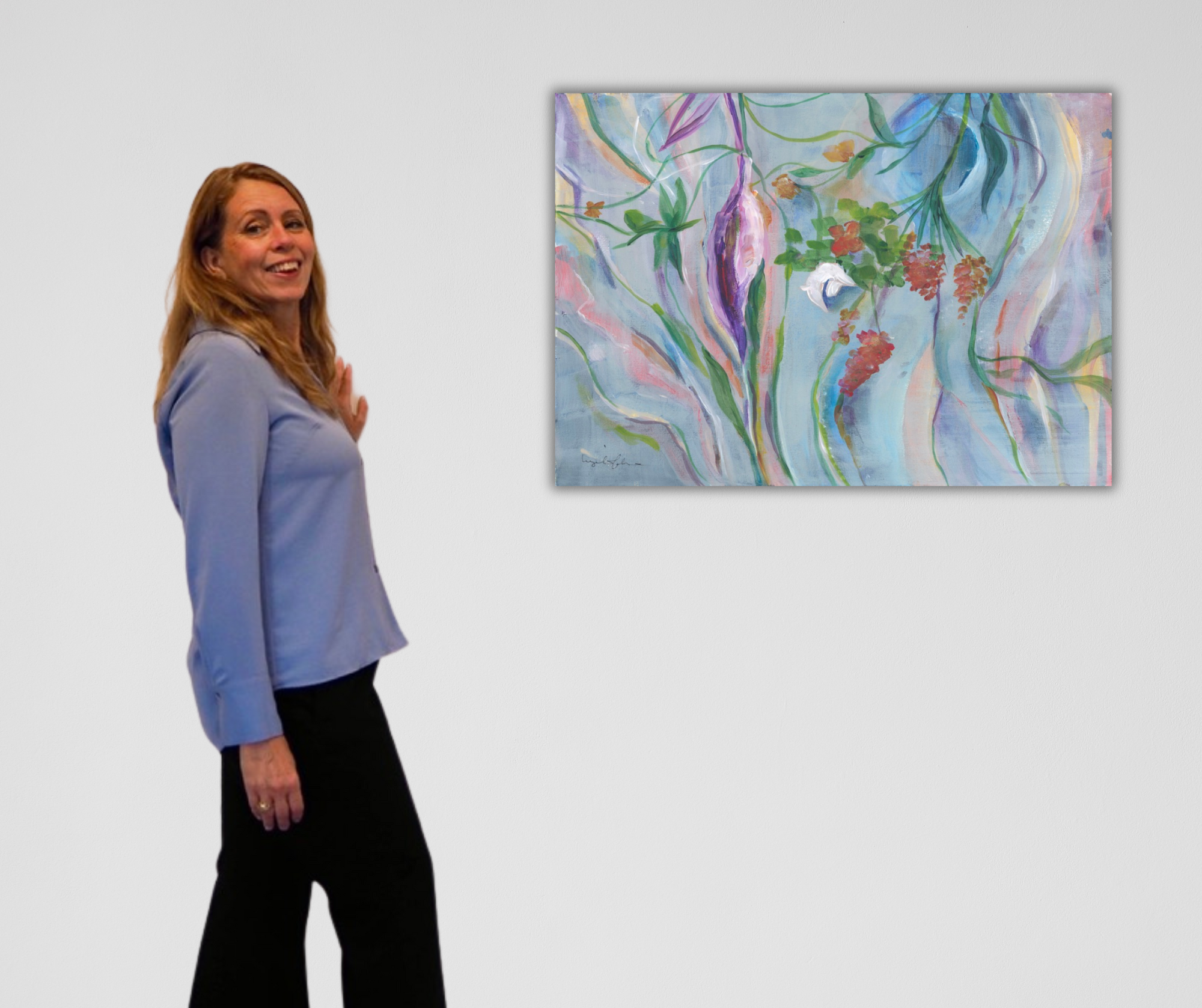 Artist Ingela Johansson with artwork Wisper of Spring 
