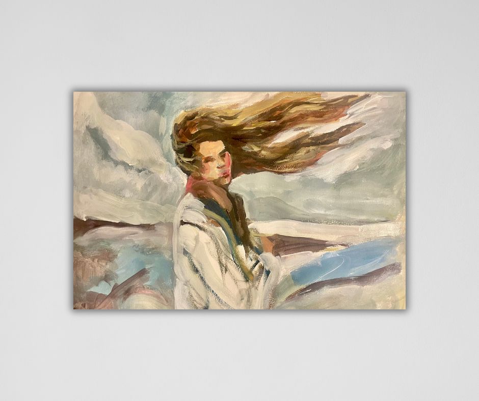 "Wind Woman" – A graceful canvas print by Ingela Johansson, depicting a woman who finds comfort in trusting herself, even amidst life’s storms.