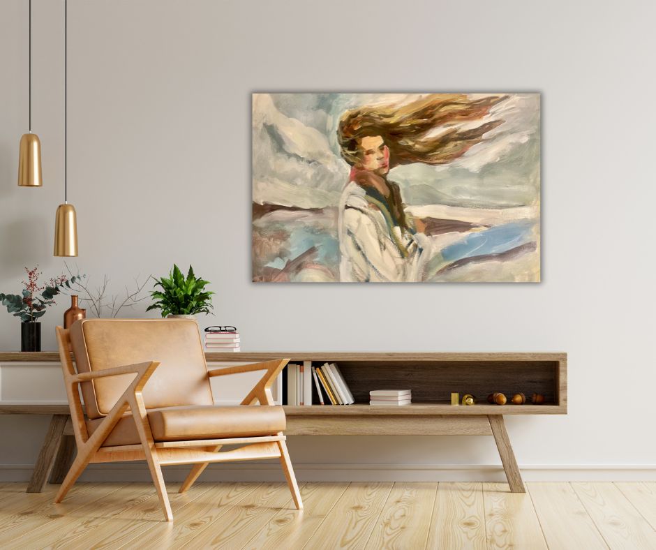 "Wind Woman" – A soft-toned canvas print by Ingela Johansson, symbolizing standing in your own power and trusting yourself through life’s challenges.