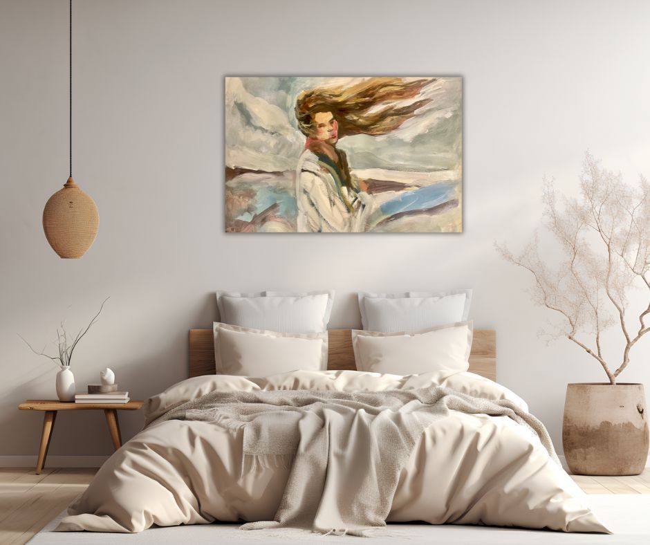 "Wind Woman" – A powerful yet delicate canvas print by Ingela Johansson, capturing a woman’s strength and self-trust, even when the wind is blowing.