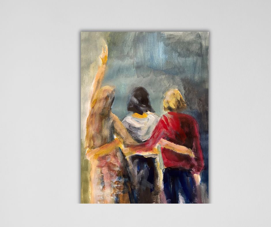 An emotive artwork by Ingela Johansson titled "Women, Life, and Freedom," depicting three women in warm, flowing tones, celebrating female friendship and resilience. Available as a limited edition print on canvas.