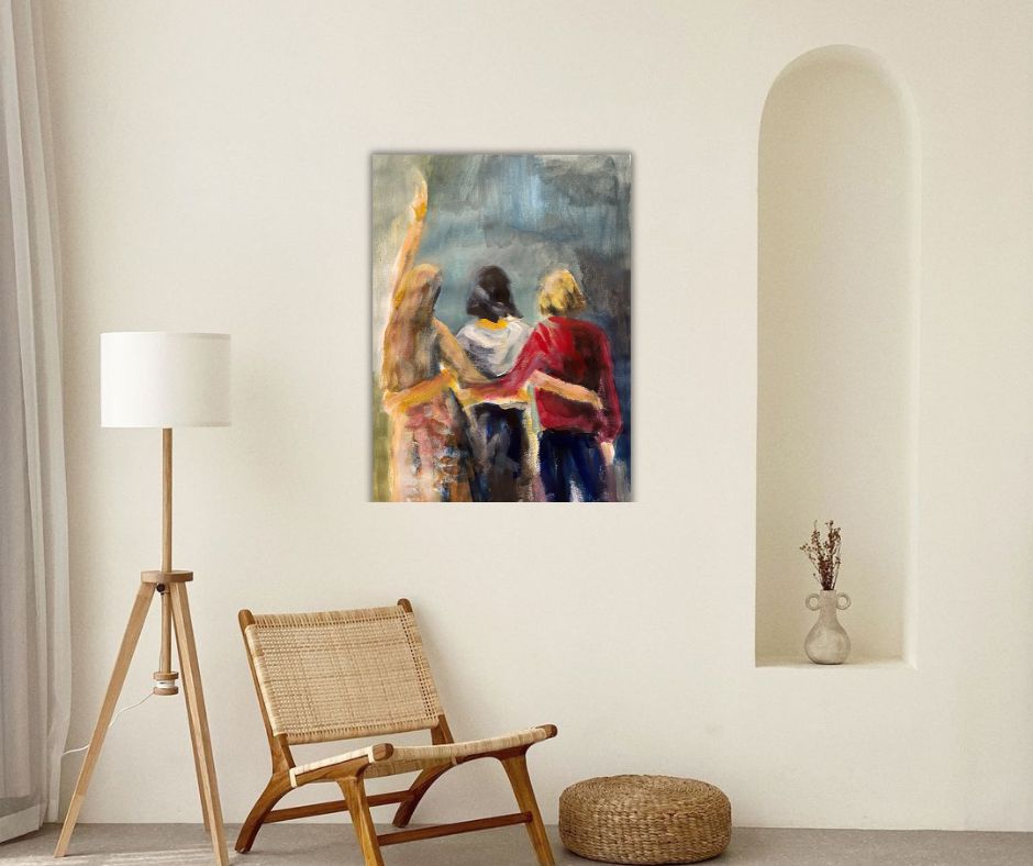 "Women, Life, and Freedom" – A fine art print by Swedish artist Ingela Johansson featuring three expressive women standing together, symbolizing friendship, strength, and unity. Limited edition on canvas