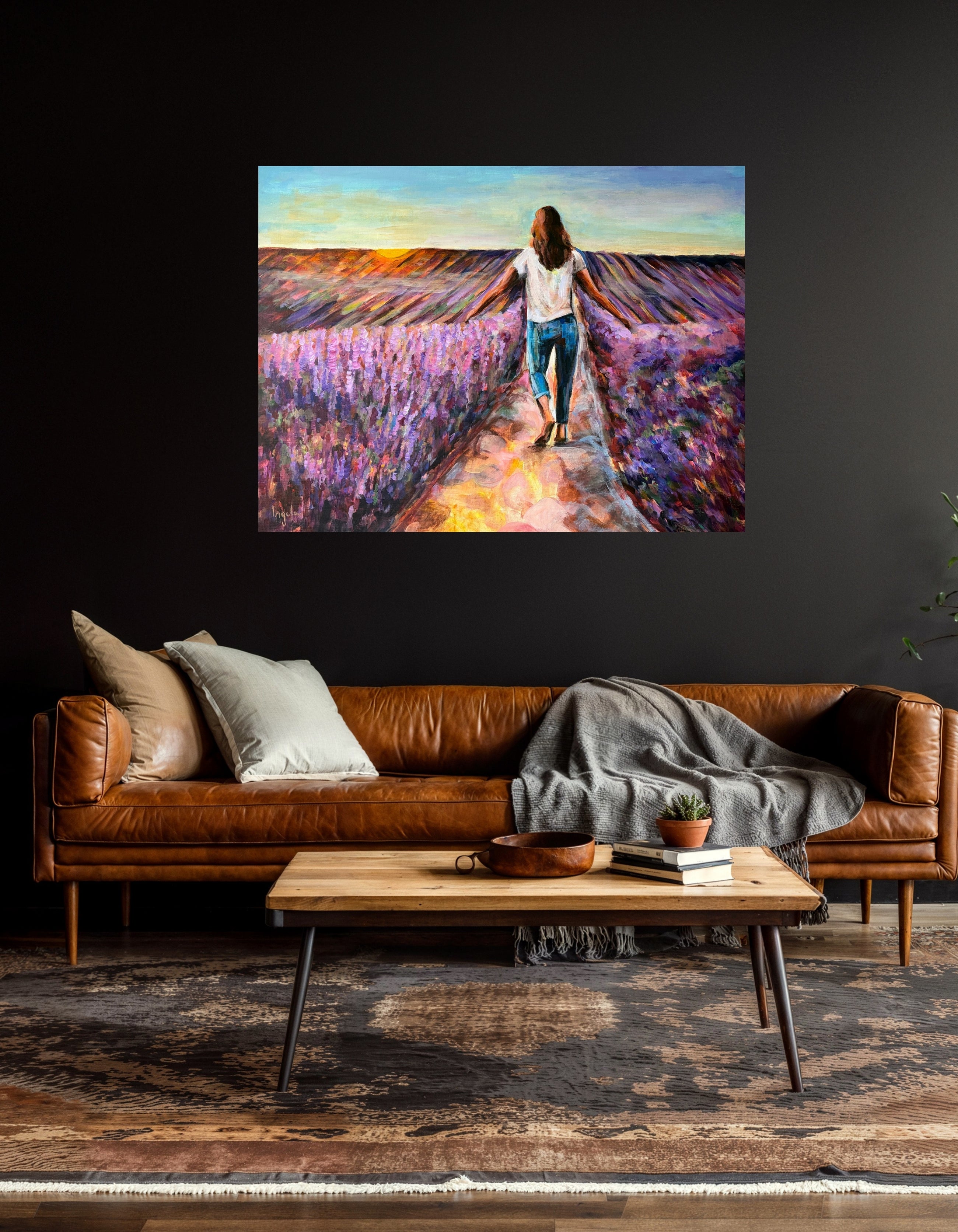 Joie de Vivre, original acrylic painting by Swedish artist Ingela Johansson, of a woman walking through a lavender field at sunset, displayed in a living room