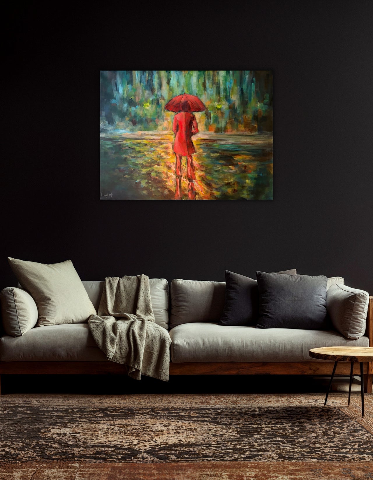 Ask Me Anyway – acrylic painting by Ingela Johansson displayed in an interior with dark wall and sofa, RED Collection 