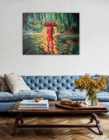 Ask Me Anyway by Ingela Johansson – woman in red holding a red umbrella, figurative acrylic painting, RED Collection 