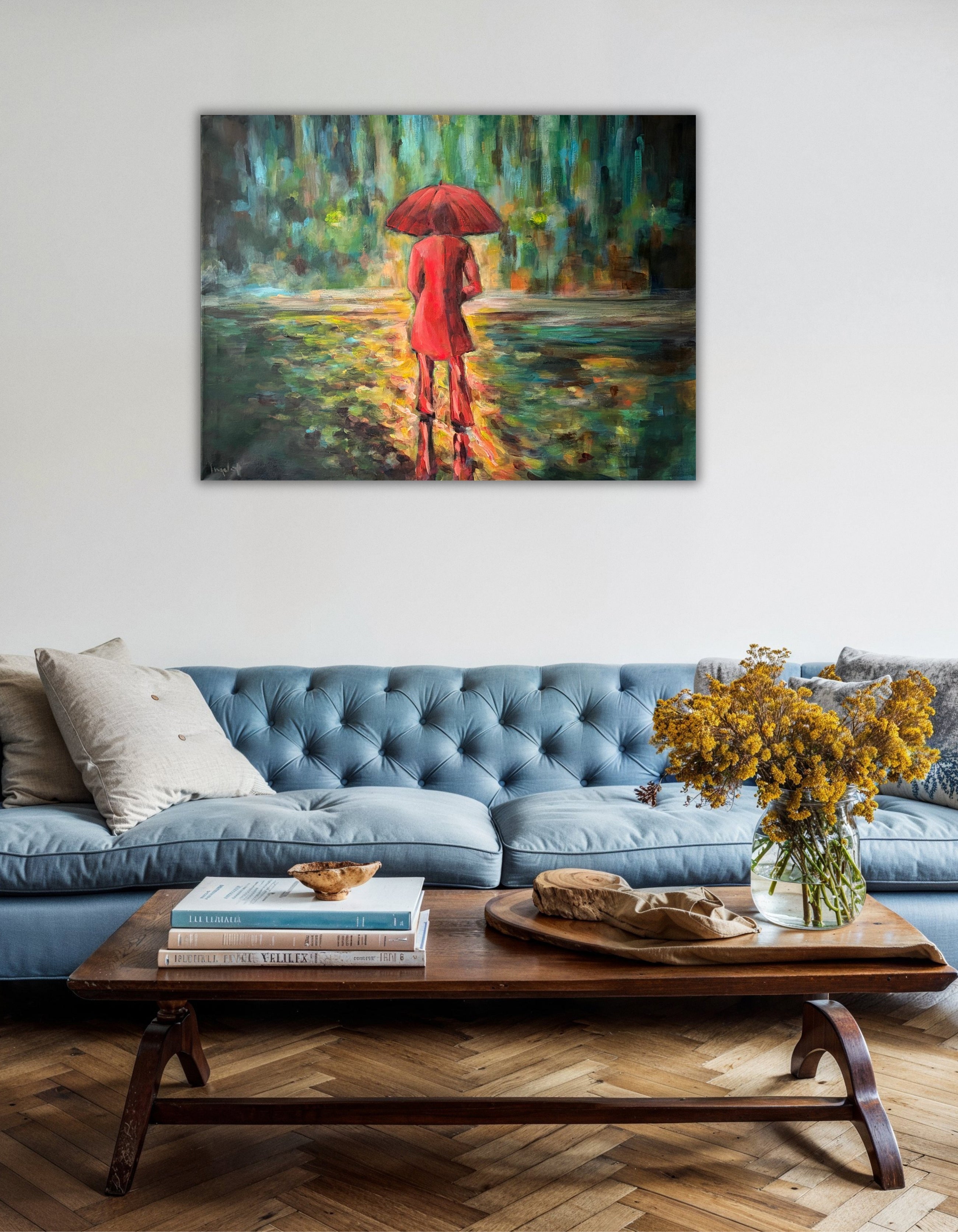 Ask Me Anyway by Ingela Johansson – woman in red holding a red umbrella, figurative acrylic painting, RED Collection 