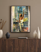 Bonjour, an original work on paper by Swedish artist Ingela Johansson, shown framed in an interior setting. The artwork is delivered unframed.