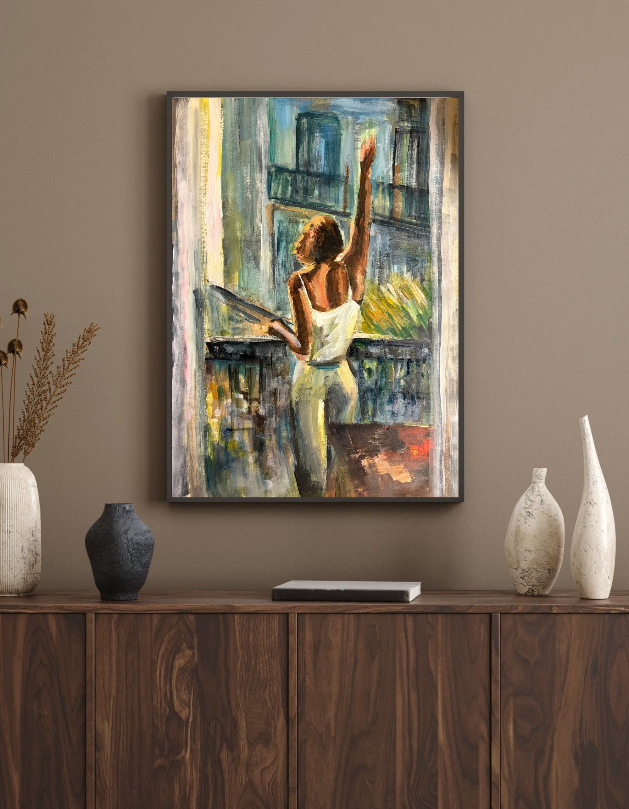 Bonjour, an original work on paper by Swedish artist Ingela Johansson, shown framed in an interior setting. The artwork is delivered unframed.