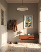 Bonjour, an original work on paper by Swedish artist Ingela Johansson, displayed in a hallway.