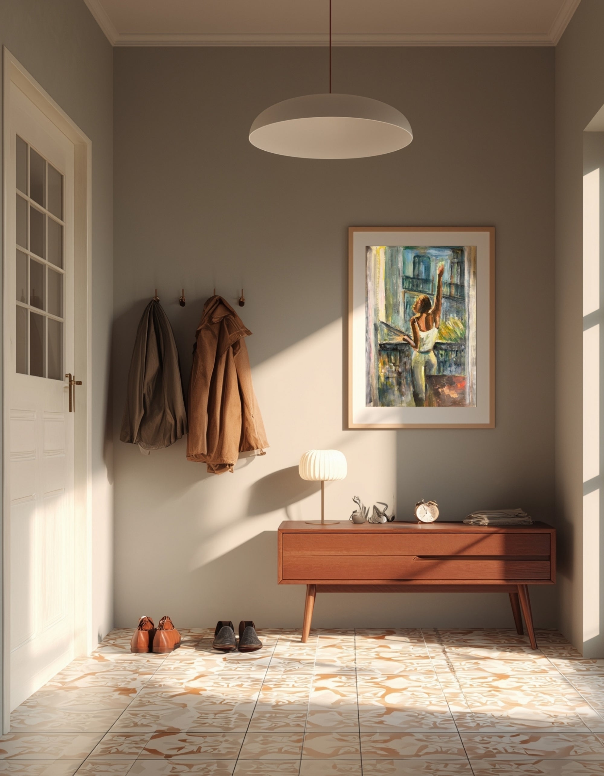 Bonjour, an original work on paper by Swedish artist Ingela Johansson, displayed in a hallway.