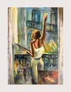 Bonjour, an original acrylic on paper by Swedish artist Ingela Johansson — a woman reaching up on a sunlit Provençal balcony among teal shutters and greenery, a foretaste of summer.