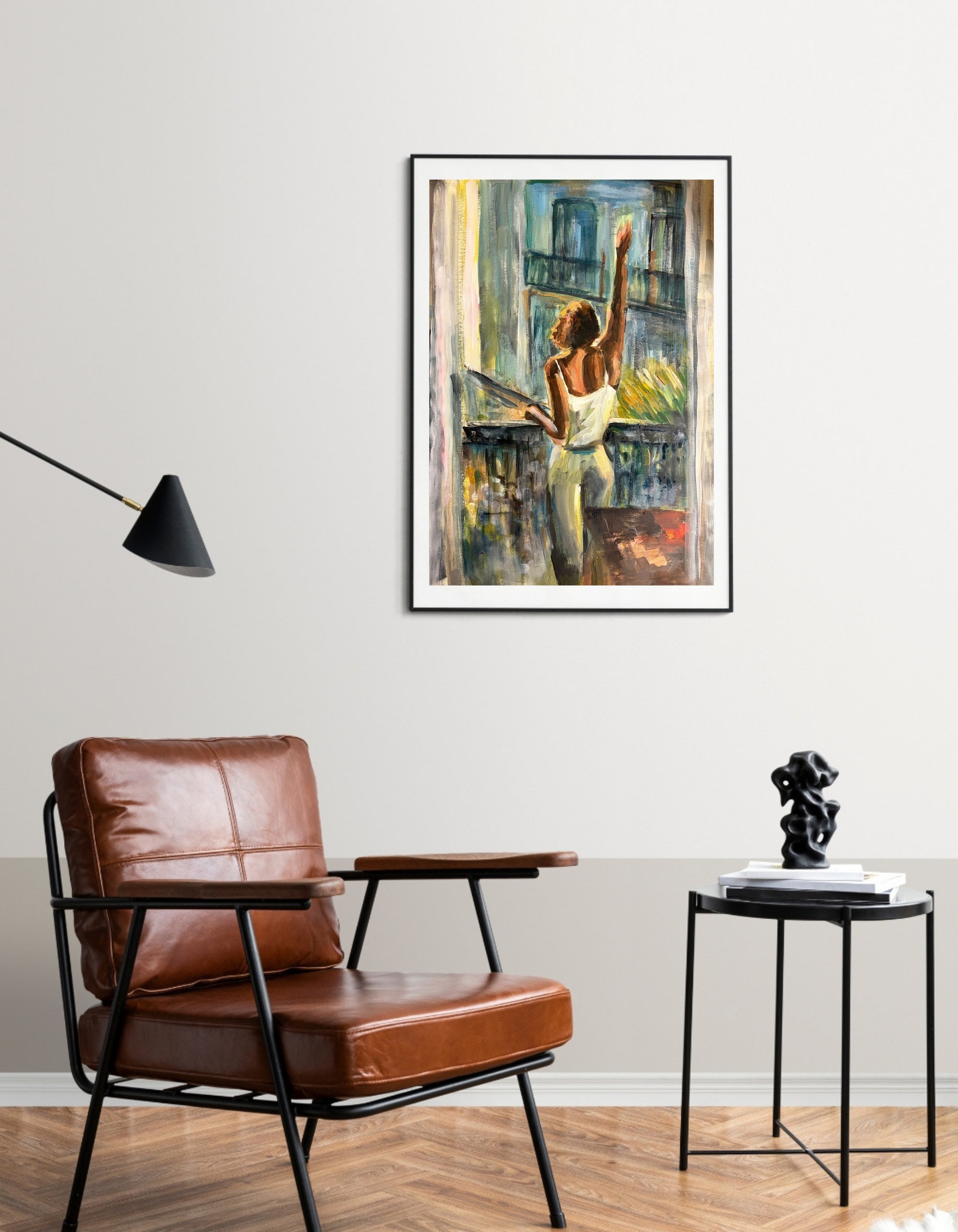 Bonjour, an original work on paper by Swedish artist Ingela Johansson, displayed in a contemporary interior.