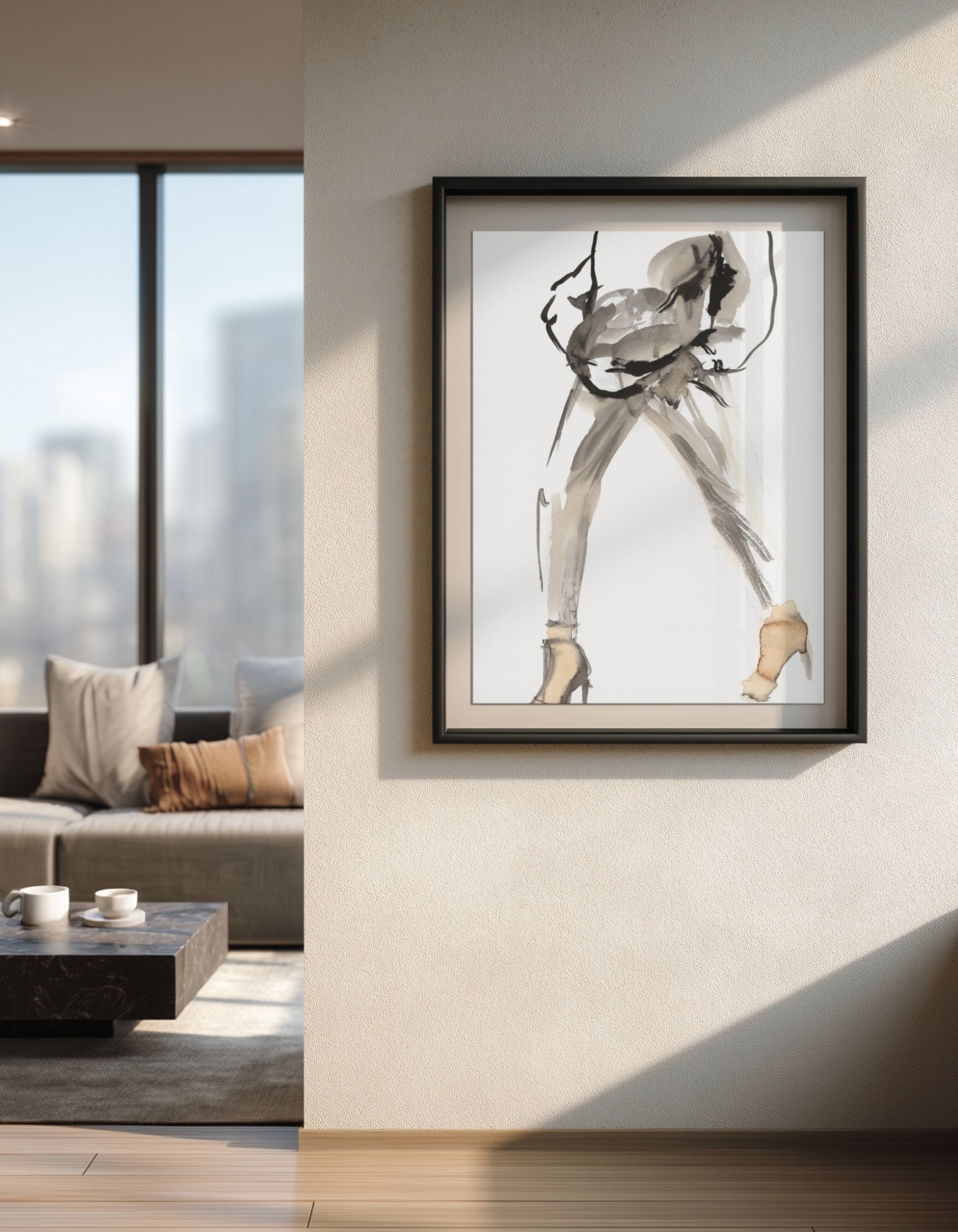 Coffee to Go fine art print by Ingela Johansson, displayed in an apartment living room