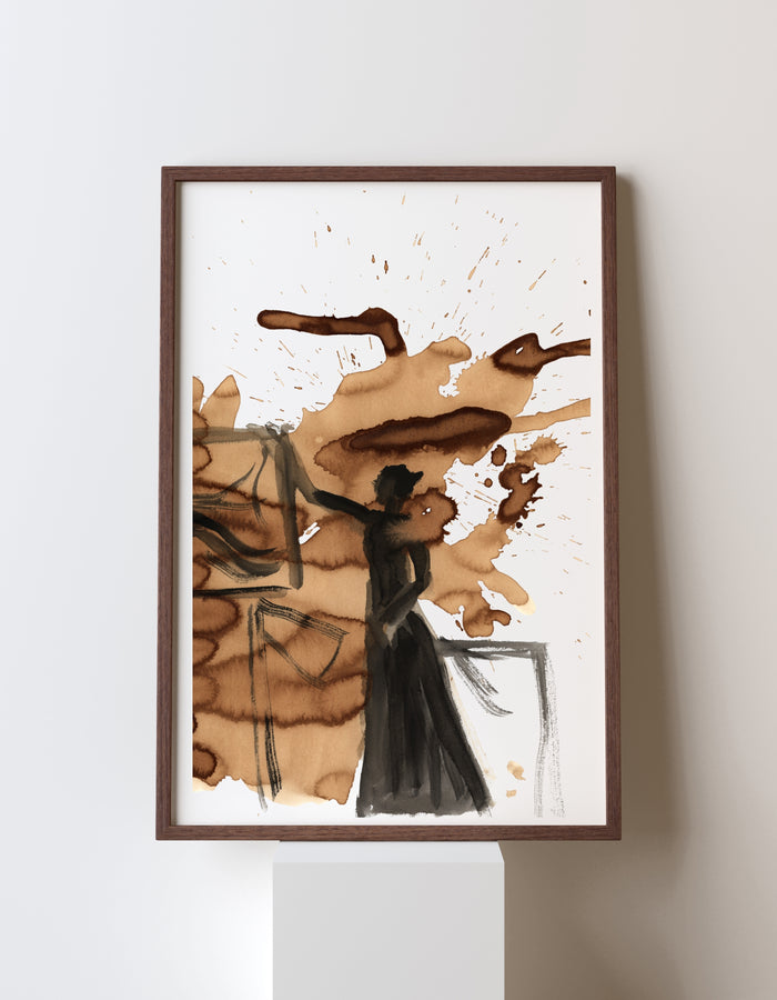 Coffee to Work fine art print in a frame by Swedish artist Ingela Johansson