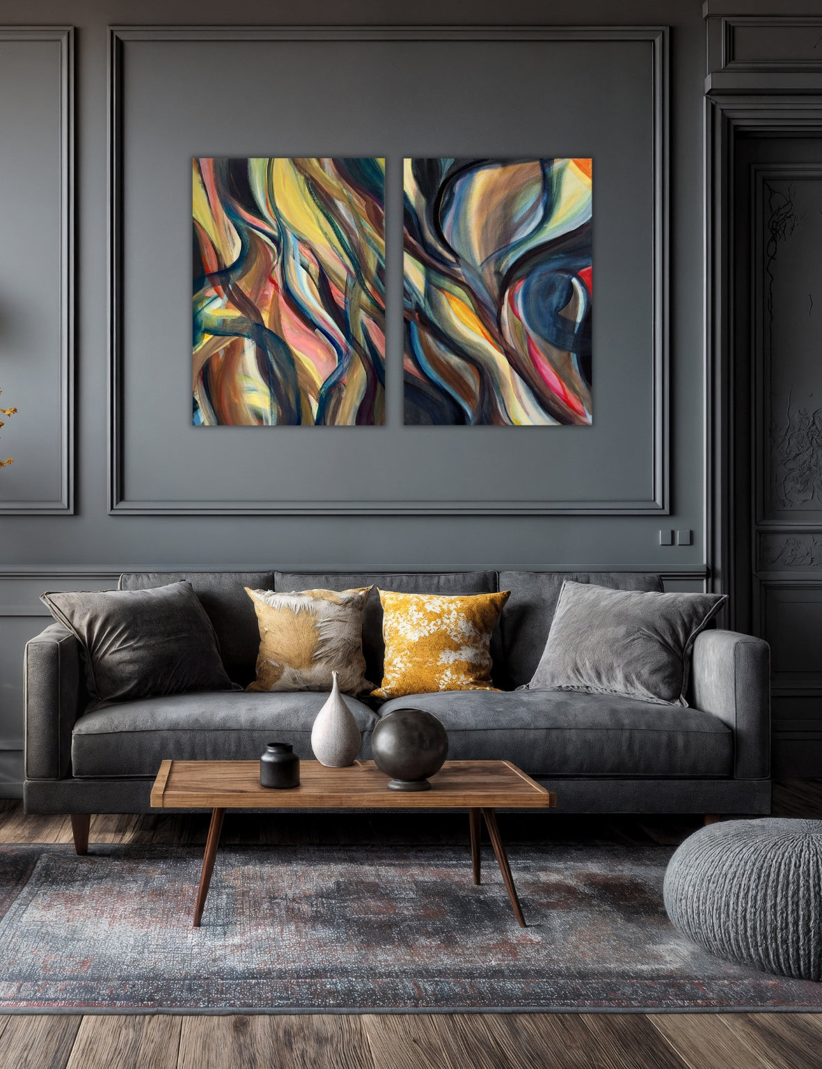 Connection and Light Finds It's Way original paintings displayed together as a diptych above a grey sofa
