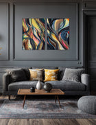 Connection and Light Finds It's Way original paintings displayed together as a diptych above a grey sofa