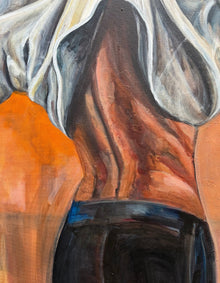 Detail of Courage, showing words worked into the paint, part of the story of daring to show what's underneath the surface