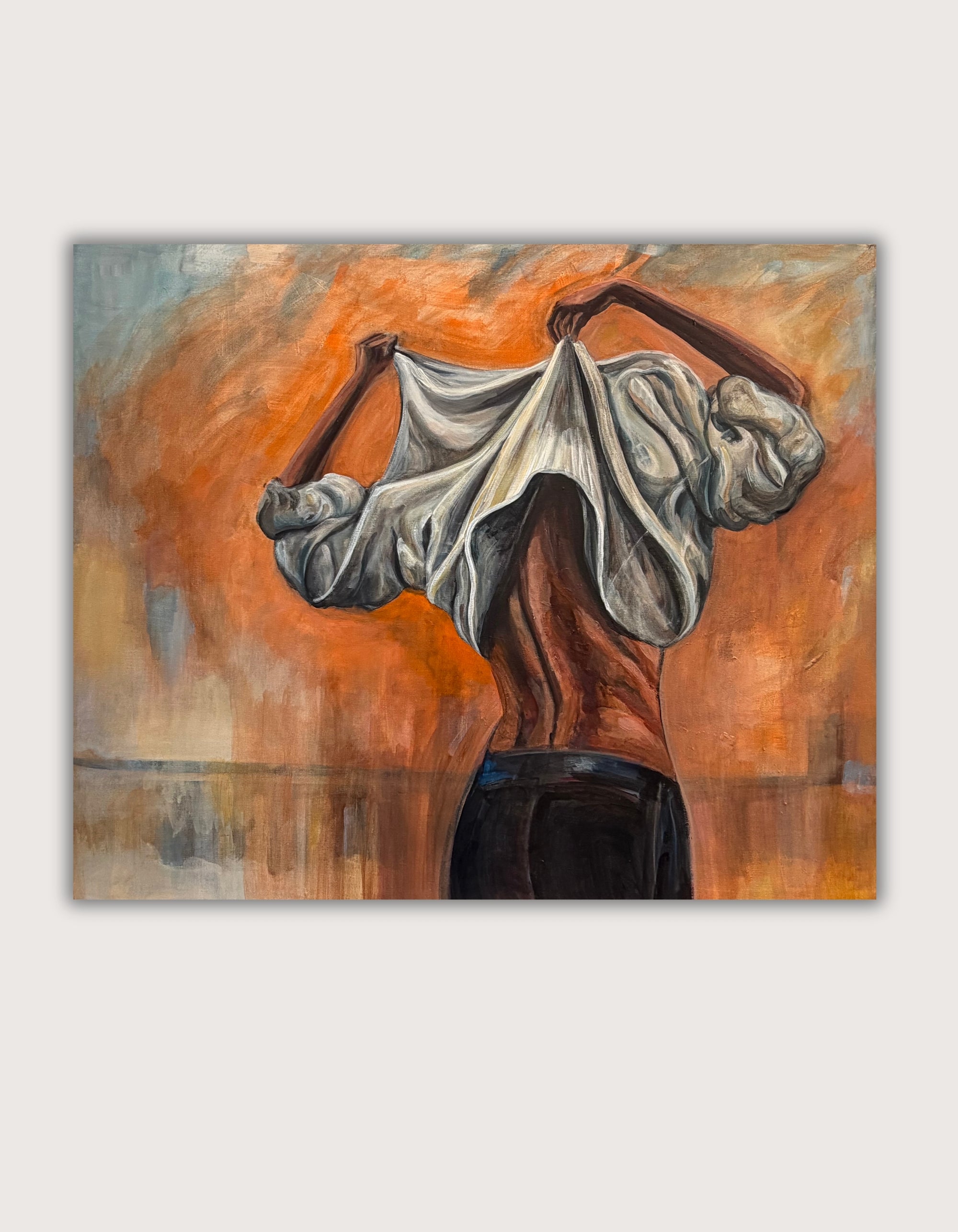 Courage, original mixed media painting on canvas by Swedish artist Ingela Johansson, full view showing the warm orange and rust background with touches of blue-grey and cream