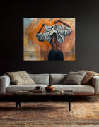 Courage, an original mixed media painting by Swedish artist Ingela Johansson — a figure seen from behind pulling a pale garment over her head against a warm orange abstract background, a story about daring to show what's beneath the surface