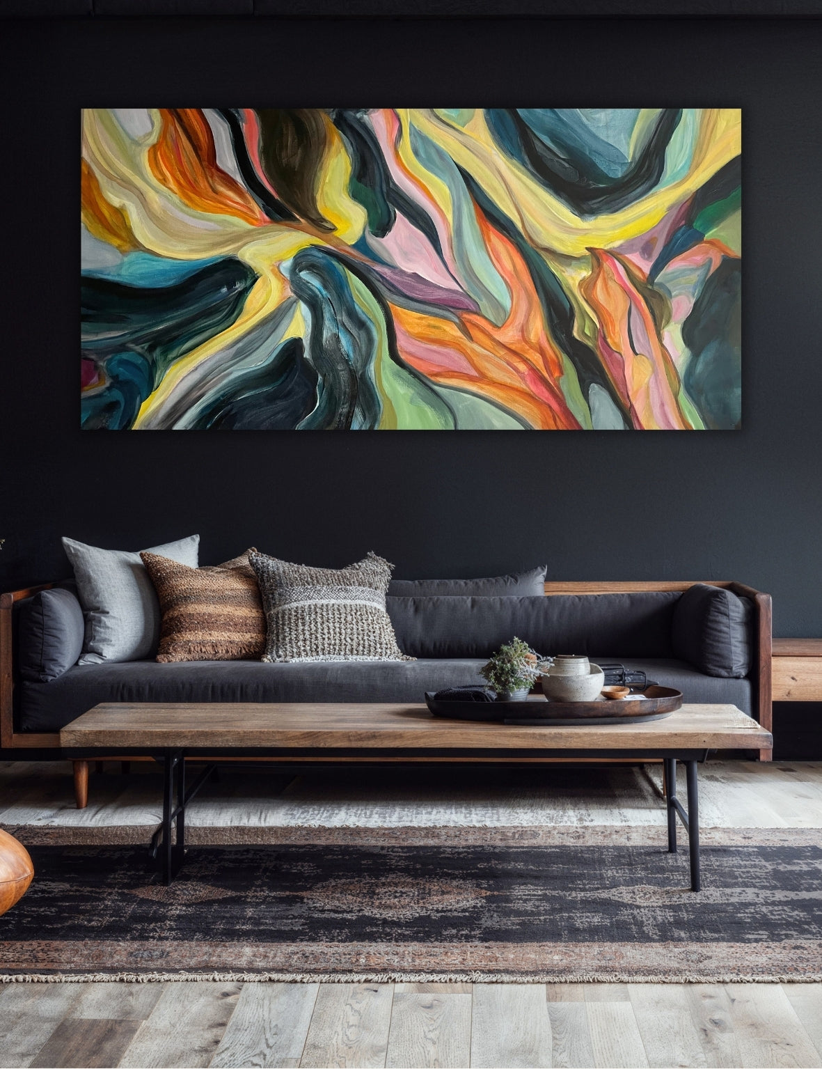 Echoes of Heartland original abstract acrylic painting by Swedish artist Ingela Johansson, displayed above a sofa on a dark wall
