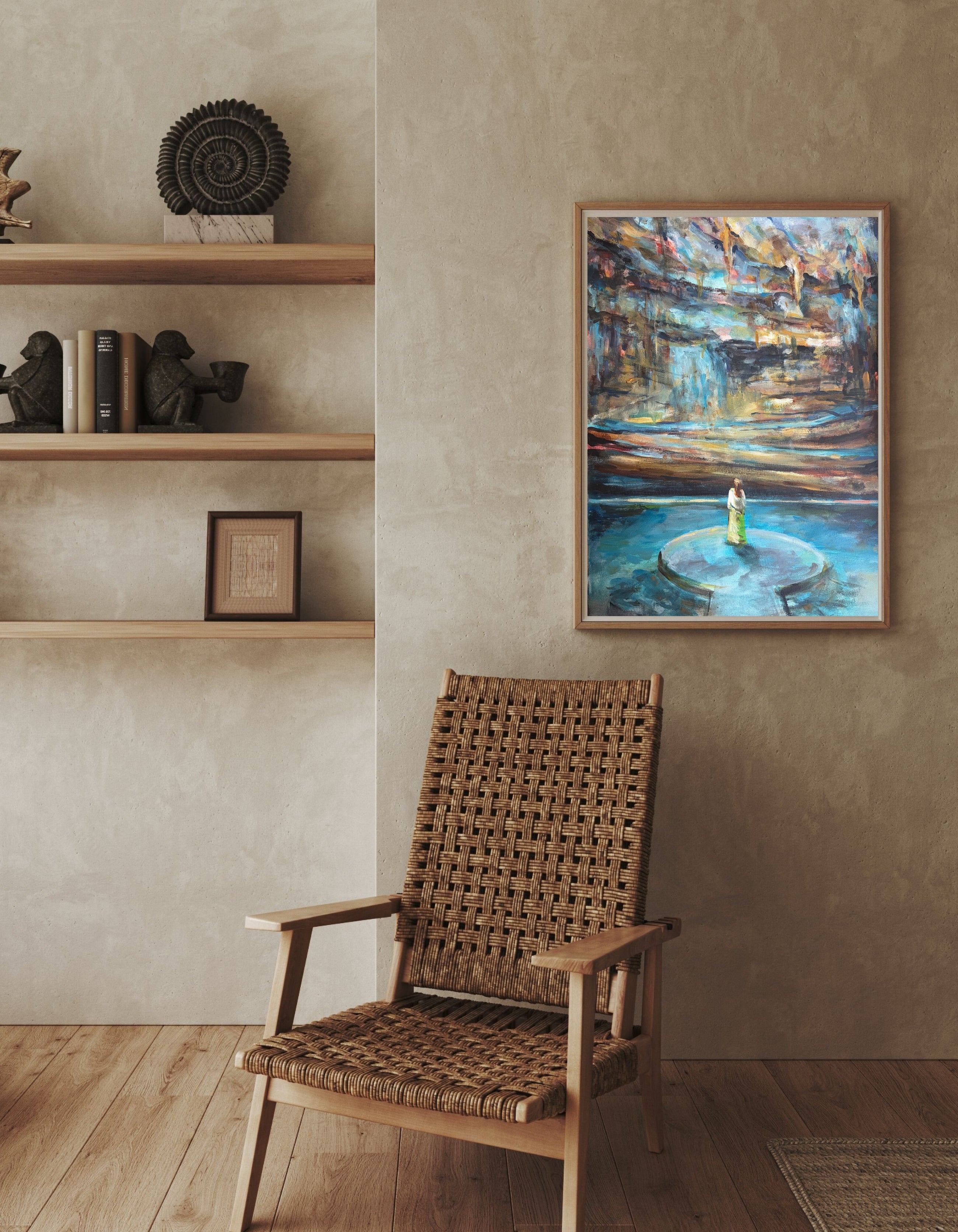 Finding Her Voice, an original work on paper by Swedish artist Ingela Johansson, displayed in a contemporary interior.