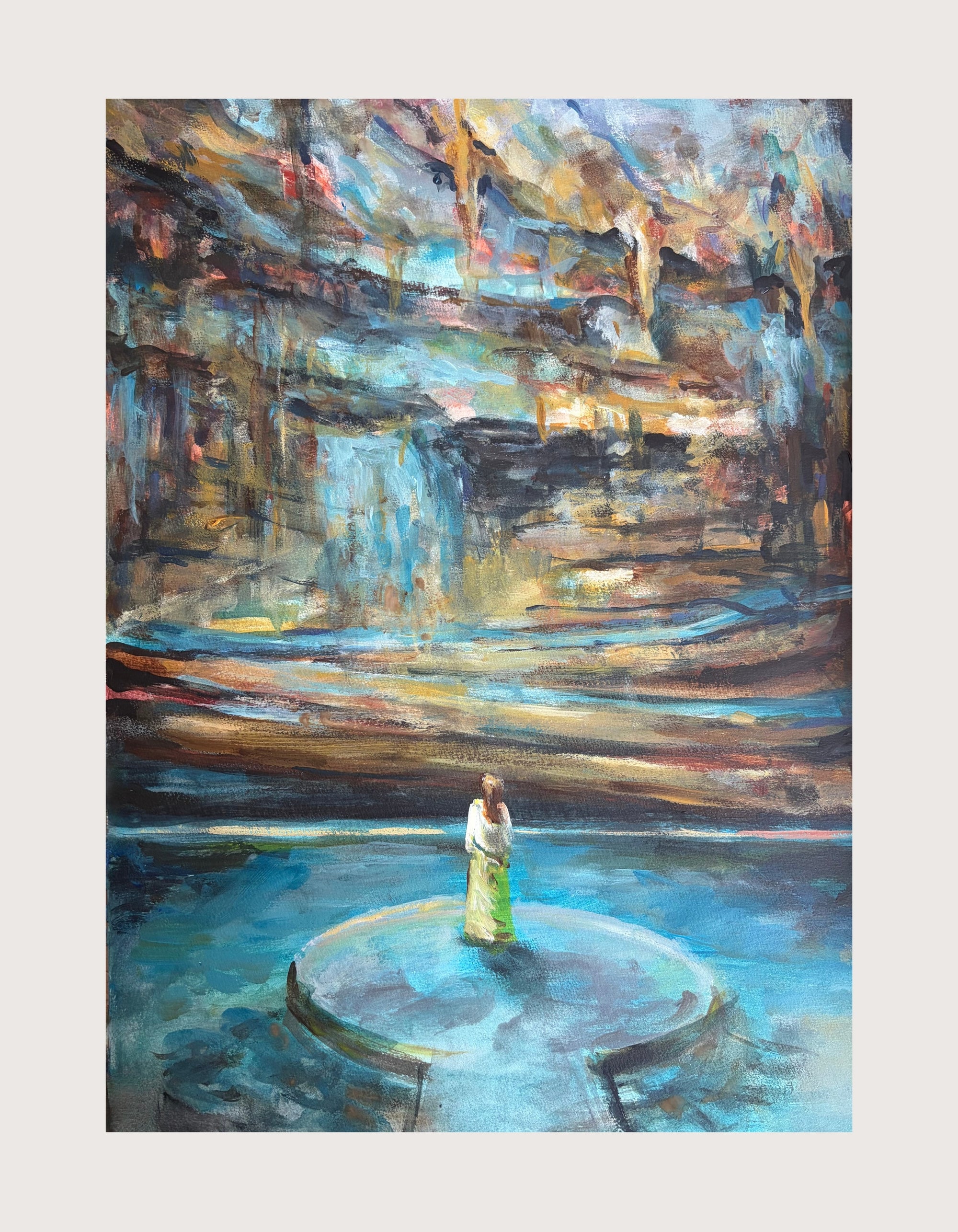 Finding Her Voice, an original acrylic on paper by Swedish artist Ingela Johansson — a woman standing alone on a small stone platform in a glowing turquoise water in a cave, a story about finding her own power.