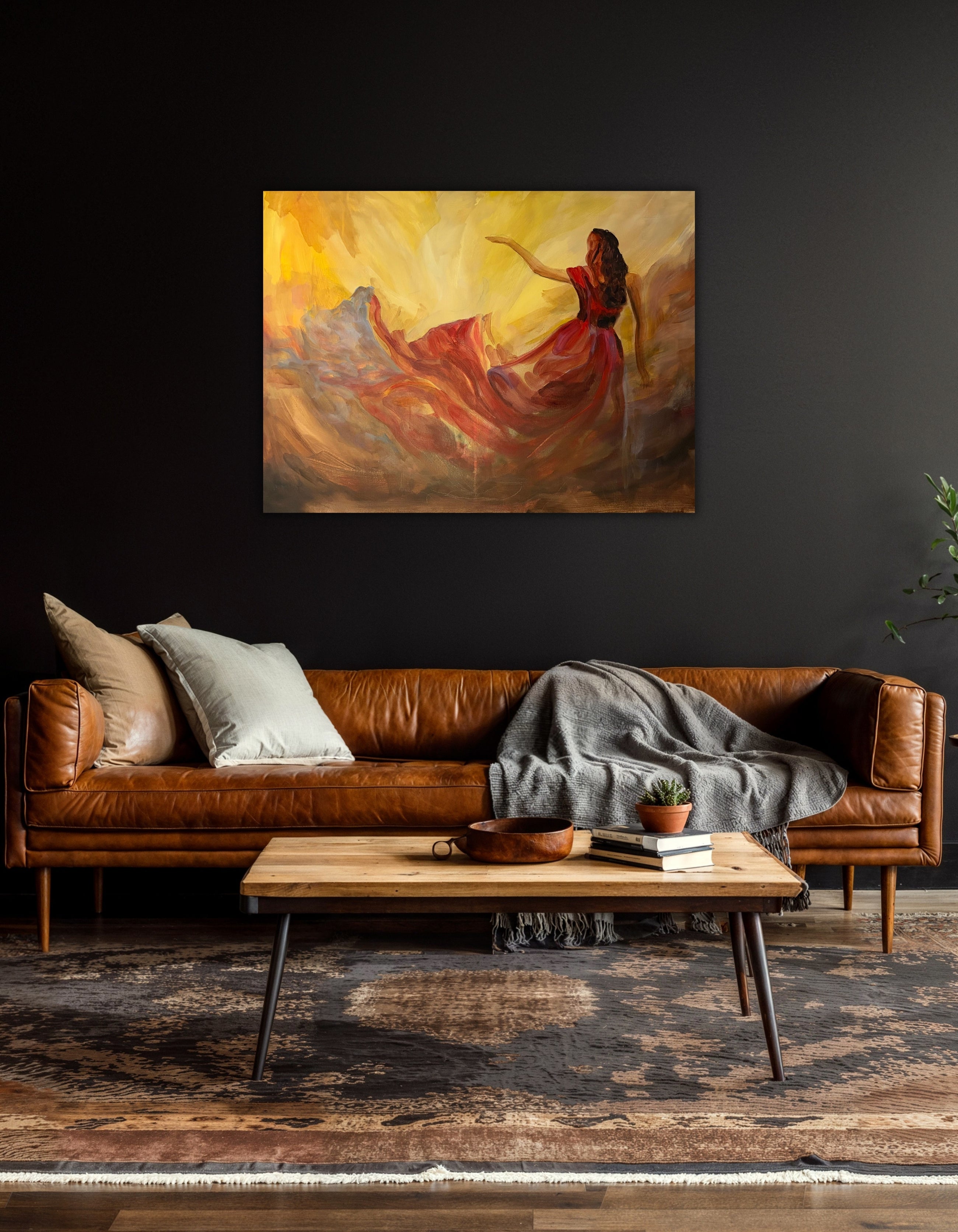 Heart Unbound by Ingela Johansson displayed over a brown sofa – original acrylic painting, RED Collection 2026