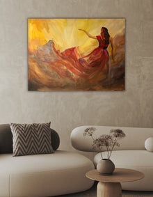 A painting of a woman in a red dress with light in the background by Ingela Johansson Red Collection 