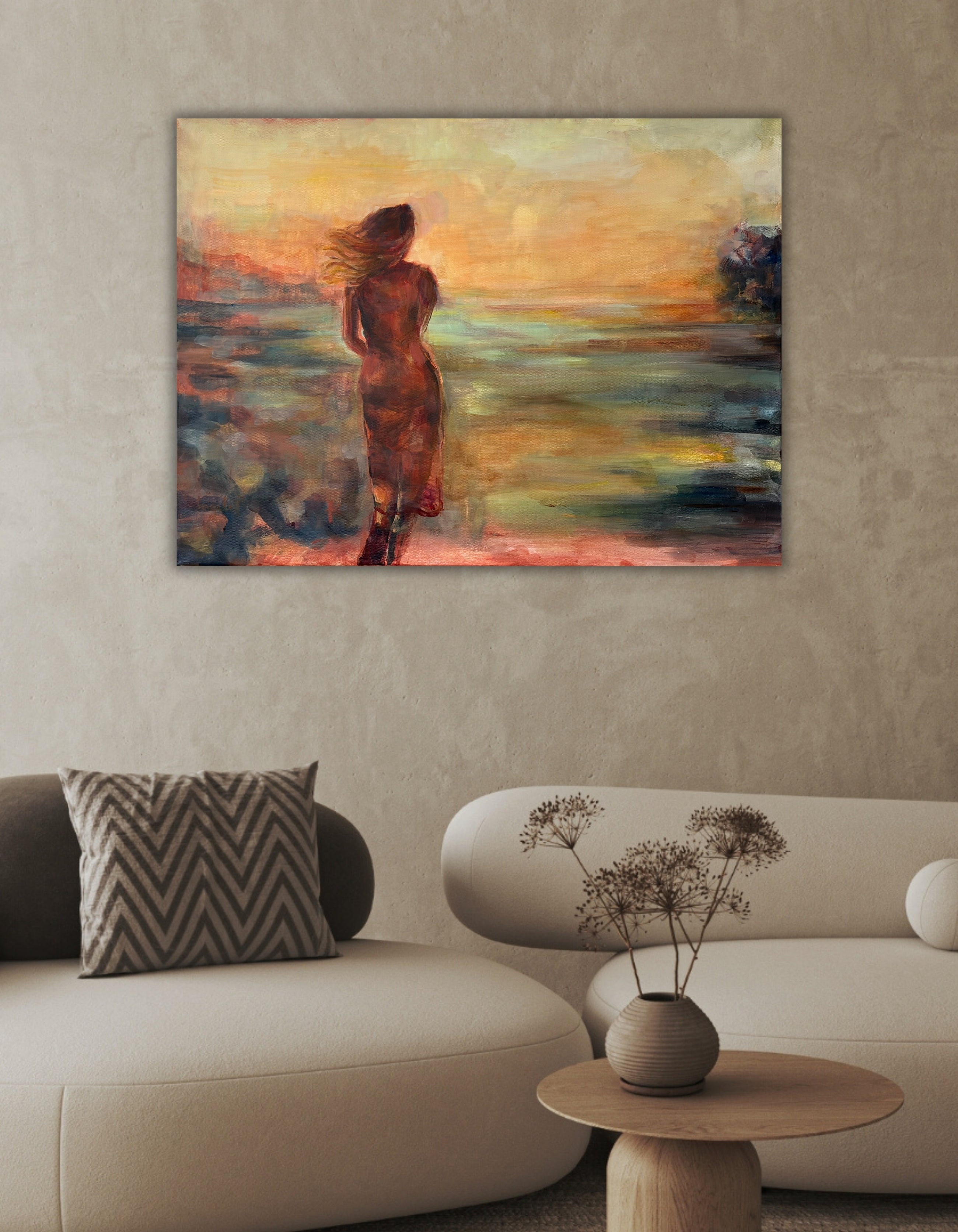 Her Own True Colors by Ingela Johansson in a neutral interior setting – figurative acrylic painting, RED Collection 2026