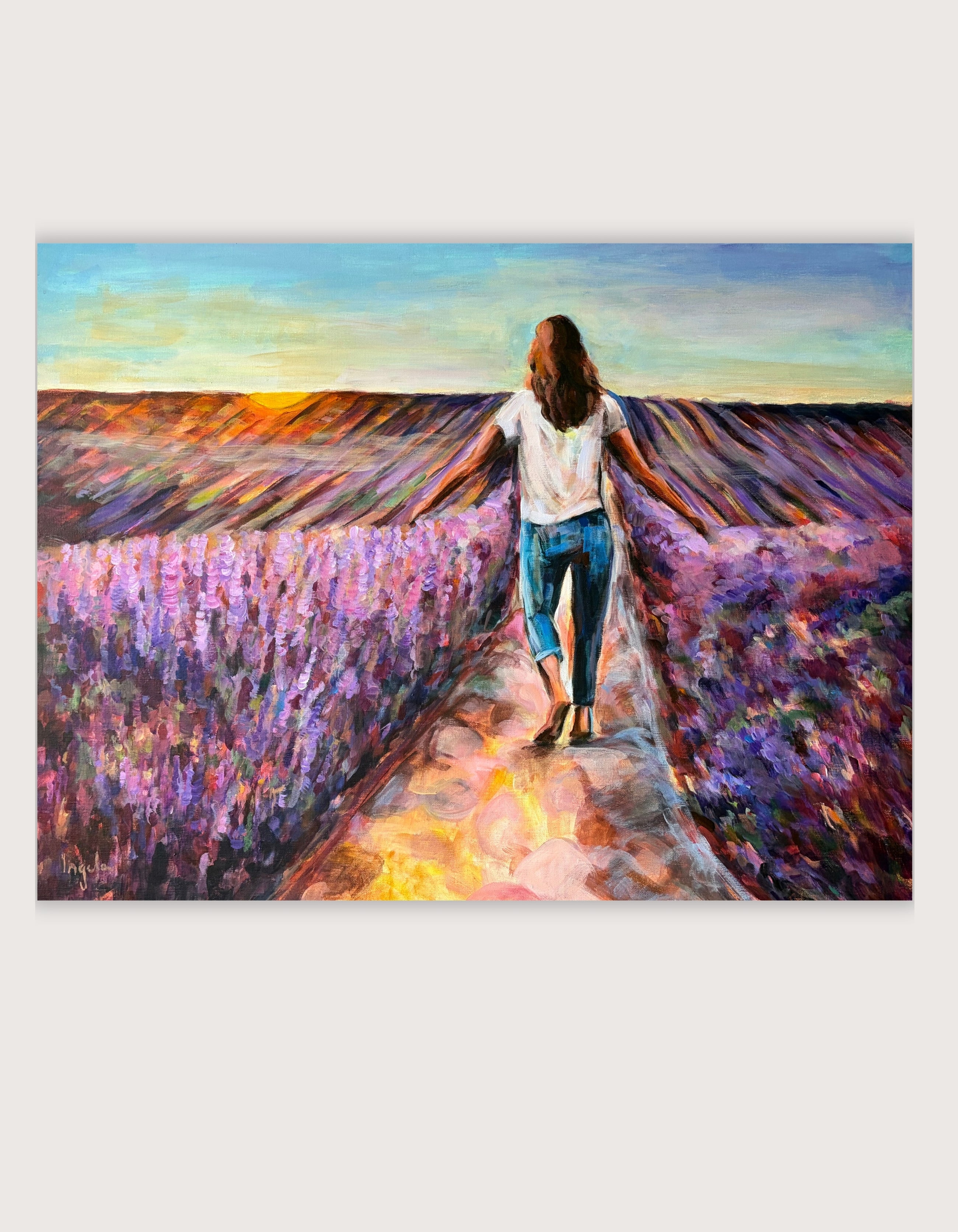 Joie de Vivre, original acrylic painting by Swedish artist Ingela Johansson — a woman walking through a lavender field at sunset, arms outstretched, a story about feeling alive