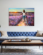 Joie de Vivre, original acrylic painting by Swedish artist Ingela Johansson, displayed over a blue sofa in a Nordic style interior