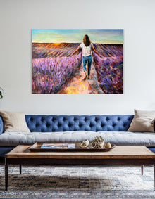 Joie de Vivre, original acrylic painting by Swedish artist Ingela Johansson, displayed over a blue sofa in a Nordic style interior