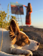 Joie de Vivre being painted at the summer studio by Swedish artist Ingela Johansson, with studio dog Tilda