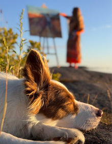 Joie de Vivre being painted at the summer studio by Swedish artist Ingela Johansson, with studio dog Tilda