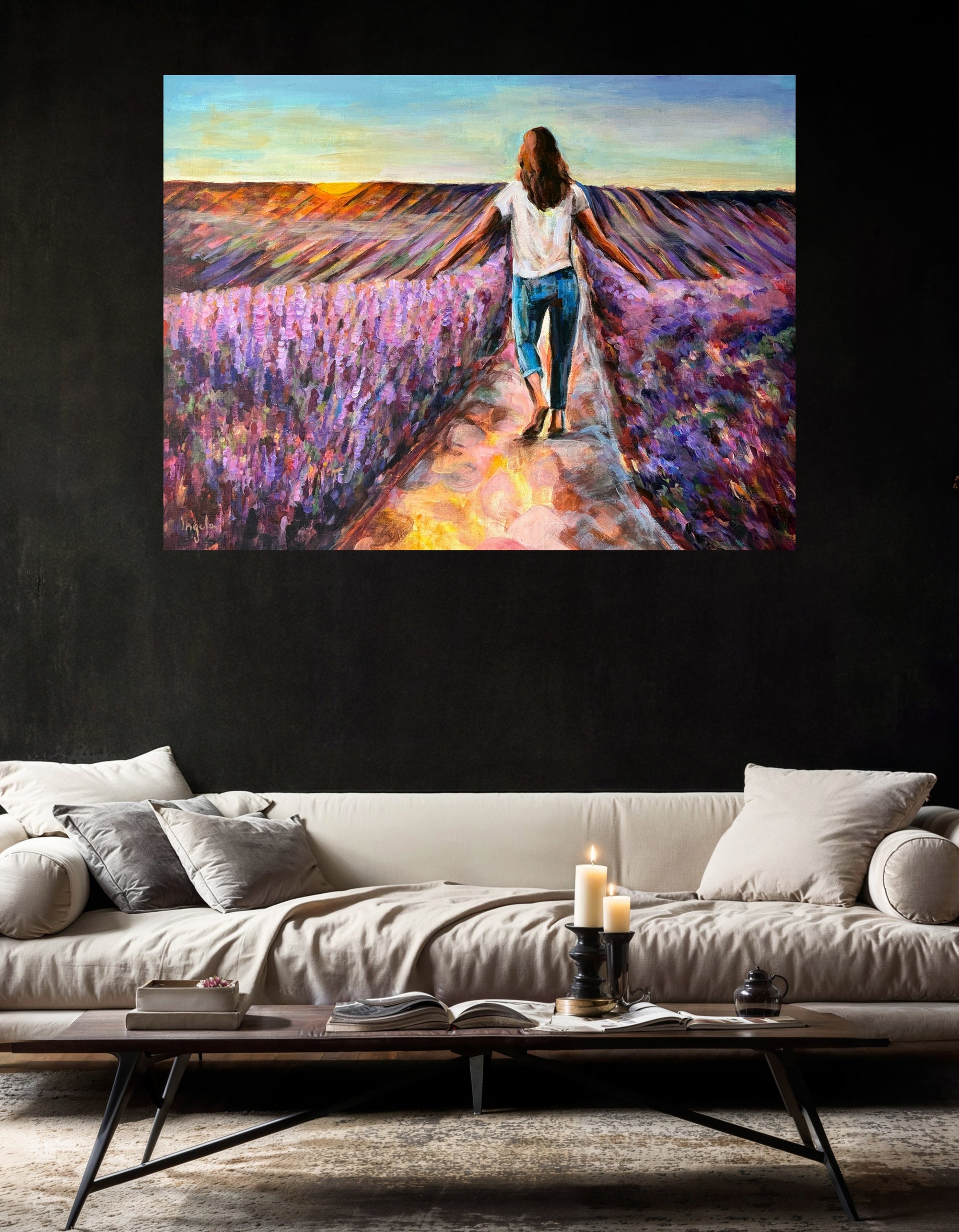 Joie de Vivre, original acrylic painting by Swedish artist Ingela Johansson, displayed in a dark interior with a brown sofa