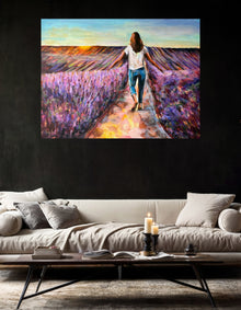 Joie de Vivre, original acrylic painting by Swedish artist Ingela Johansson, displayed in a dark interior with a brown sofa