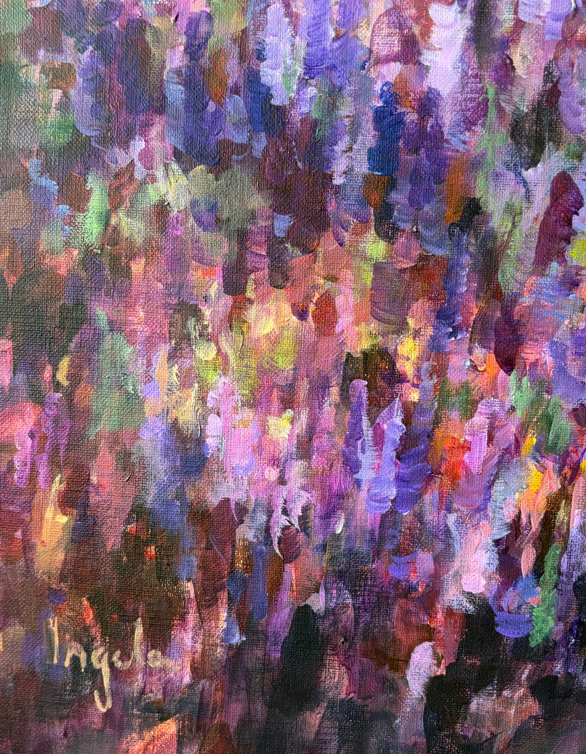 Detail of Joie de Vivre showing inscribed text worked into the paint, by Swedish artist Ingela Johansson