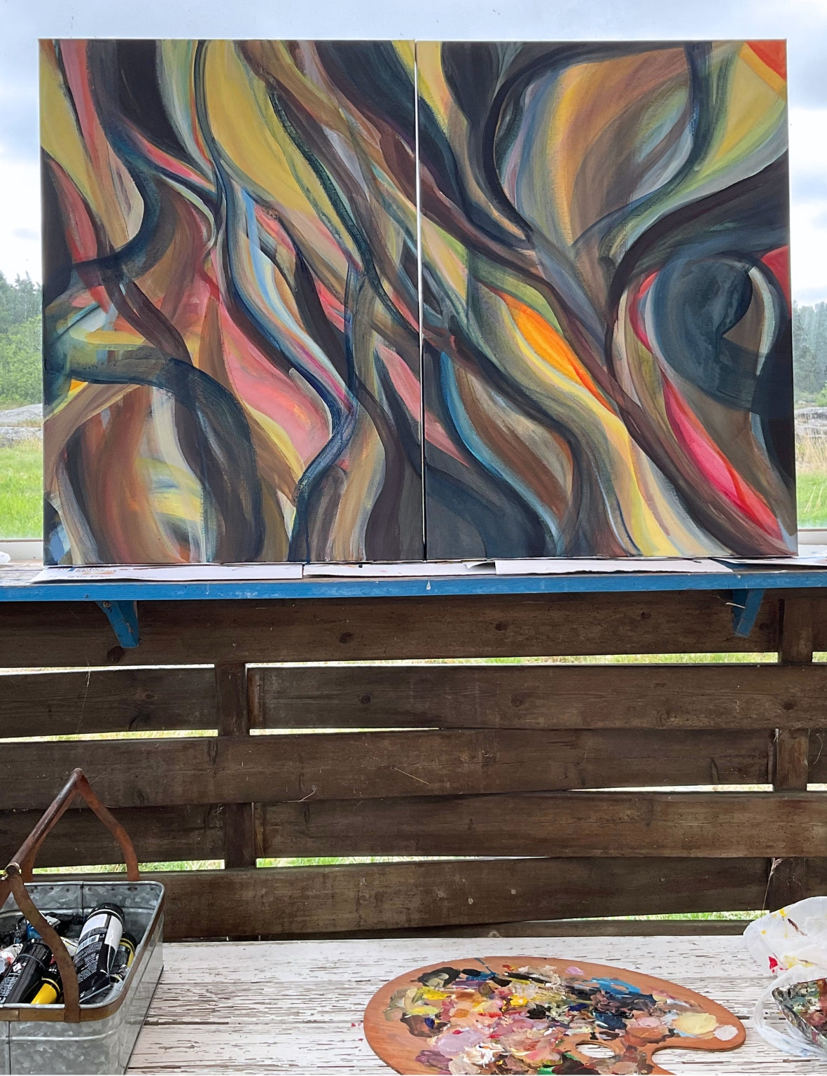 Connection and Light Finds It's Way original paintings painted together in nature inspired by the shapes in the rocks and water