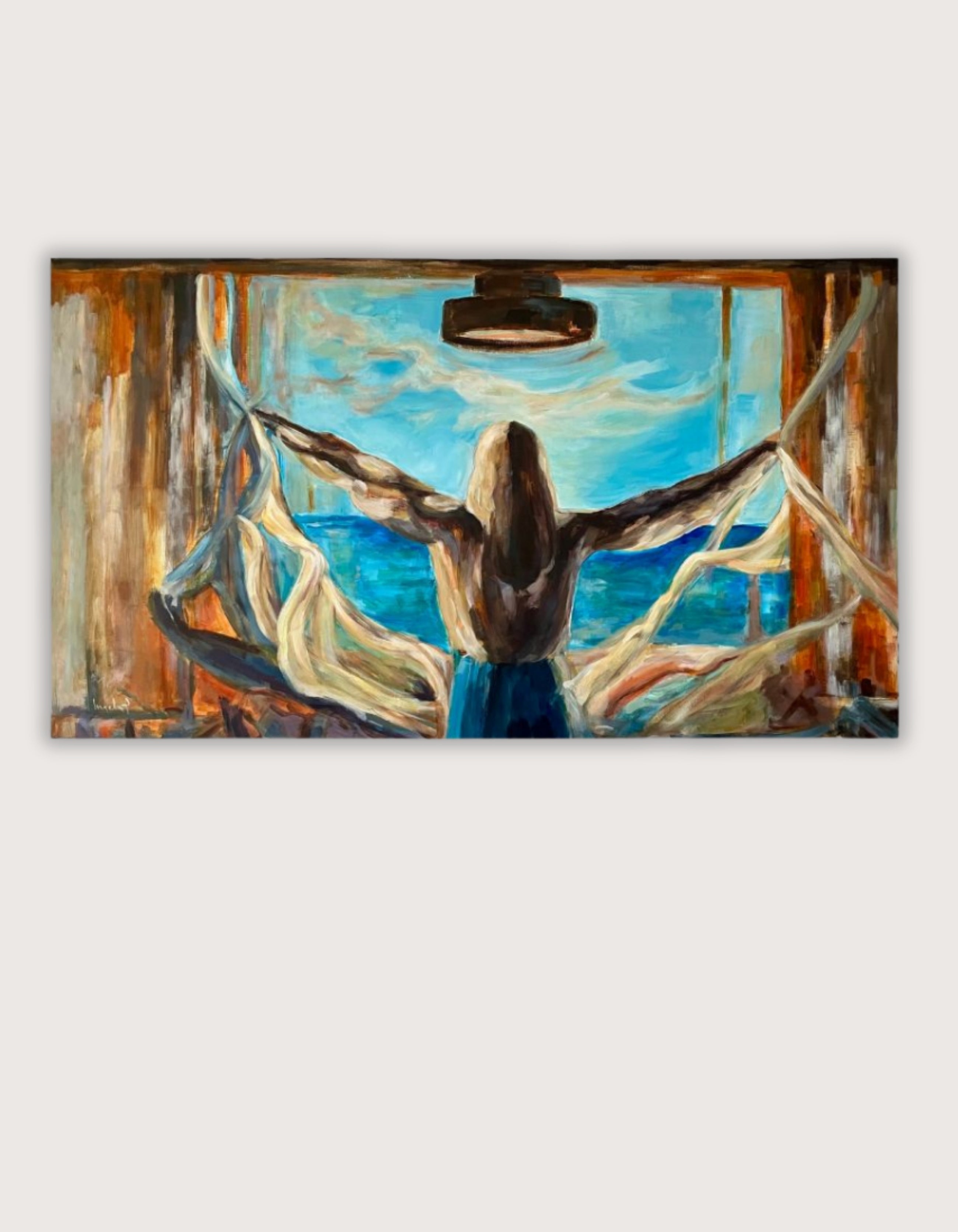 Open Up, an original acrylic painting by Swedish artist Ingela Johansson — a woman opening curtains onto the sea, arms spread wide in a gesture of freedom.