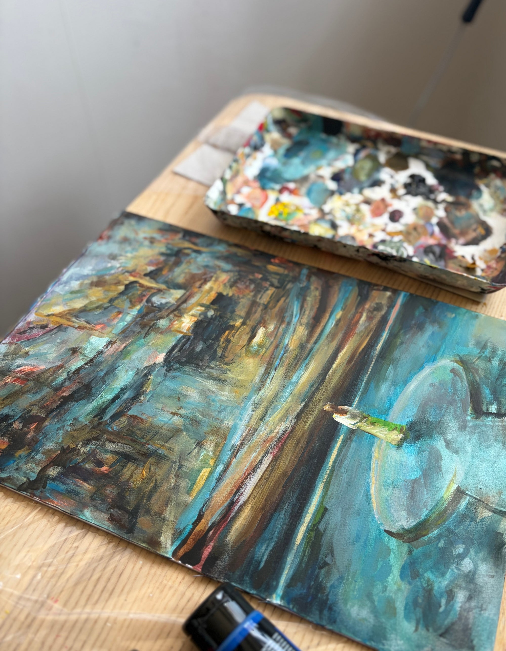 Swedish artist Ingela Johansson painting Finding Her Voice in her studio.