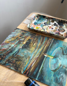 Swedish artist Ingela Johansson painting Finding Her Voice in her studio.