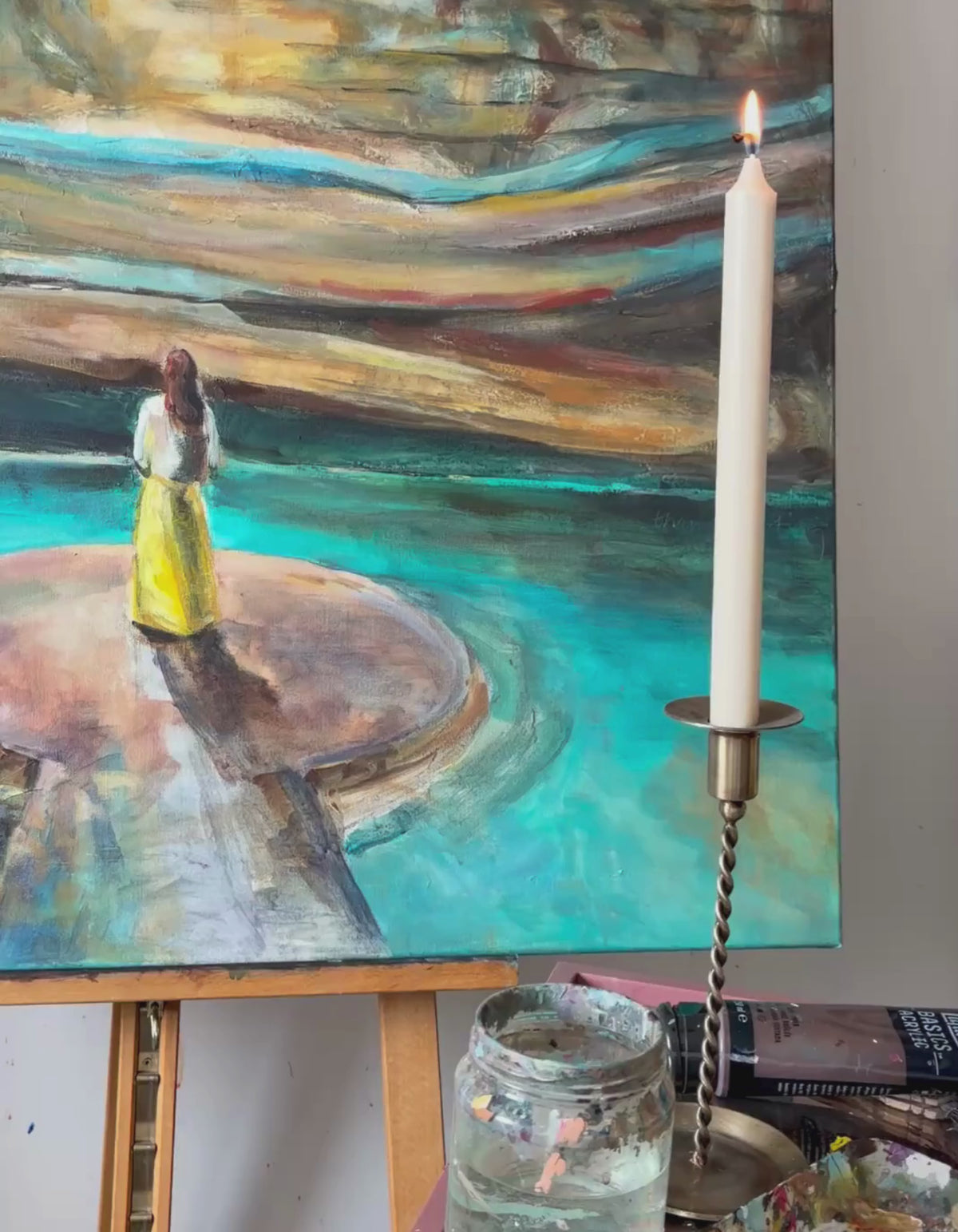 Process video: Swedish artist Ingela Johansson painting Rise, layering acrylic, ink, crushed marble, coffee and charcoal, and scratching the final words into the paint with a goose feather