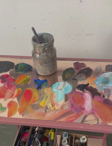 Video of artist Ingela Johansson painting Play in the studio, with her palette, to music