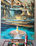 Swedish artist Ingela Johansson in her studio working on the mixed media painting Rise
